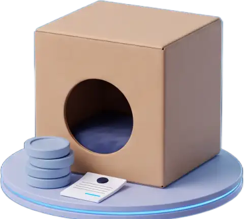 Payments & billing pod: a kraft box on a glowing deck with a stack of coins and a payslip beside it