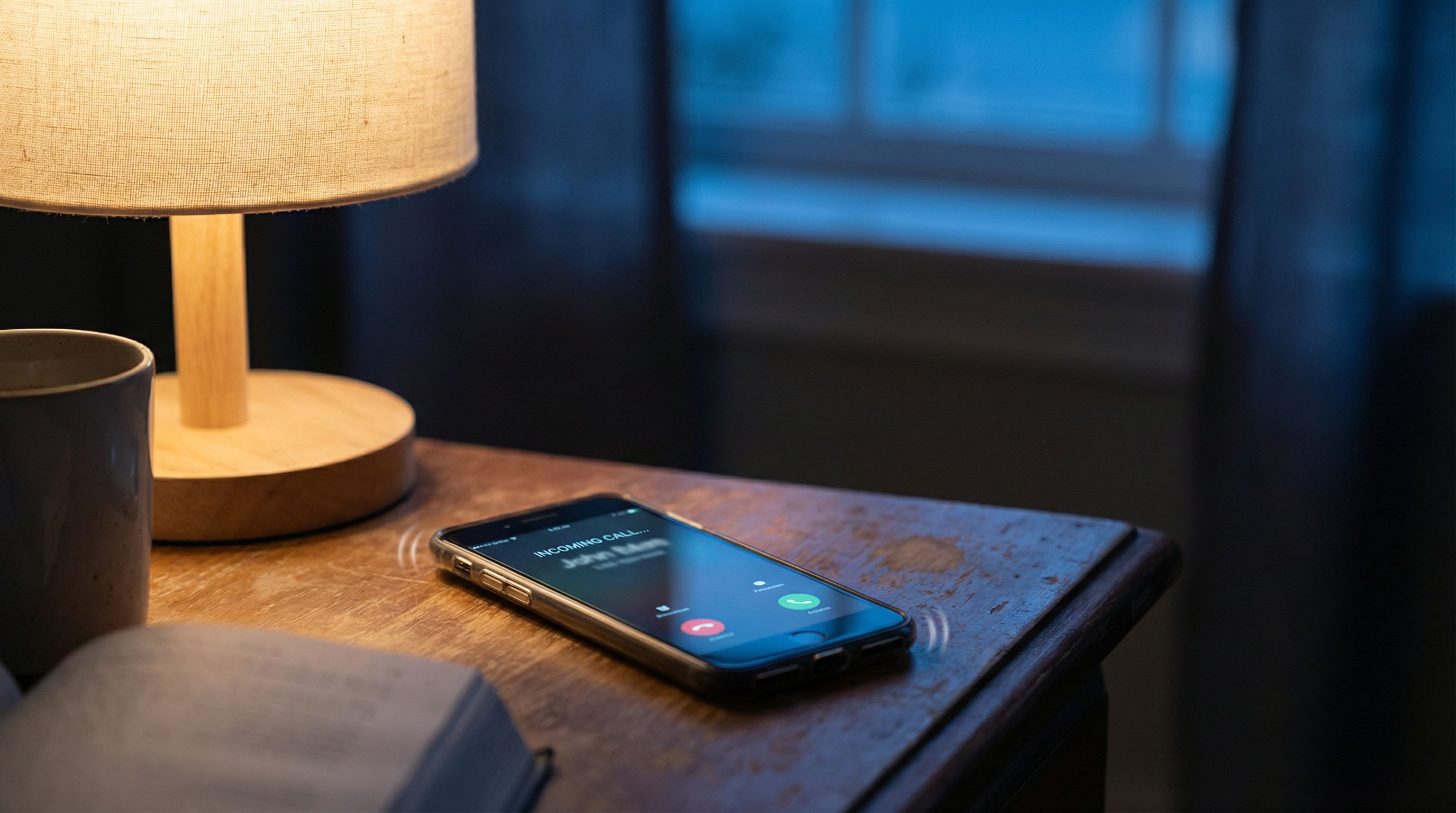 Close-up of a smartphone ringing on a wooden nightstand at pre-dawn with warm bedroom lamp glow