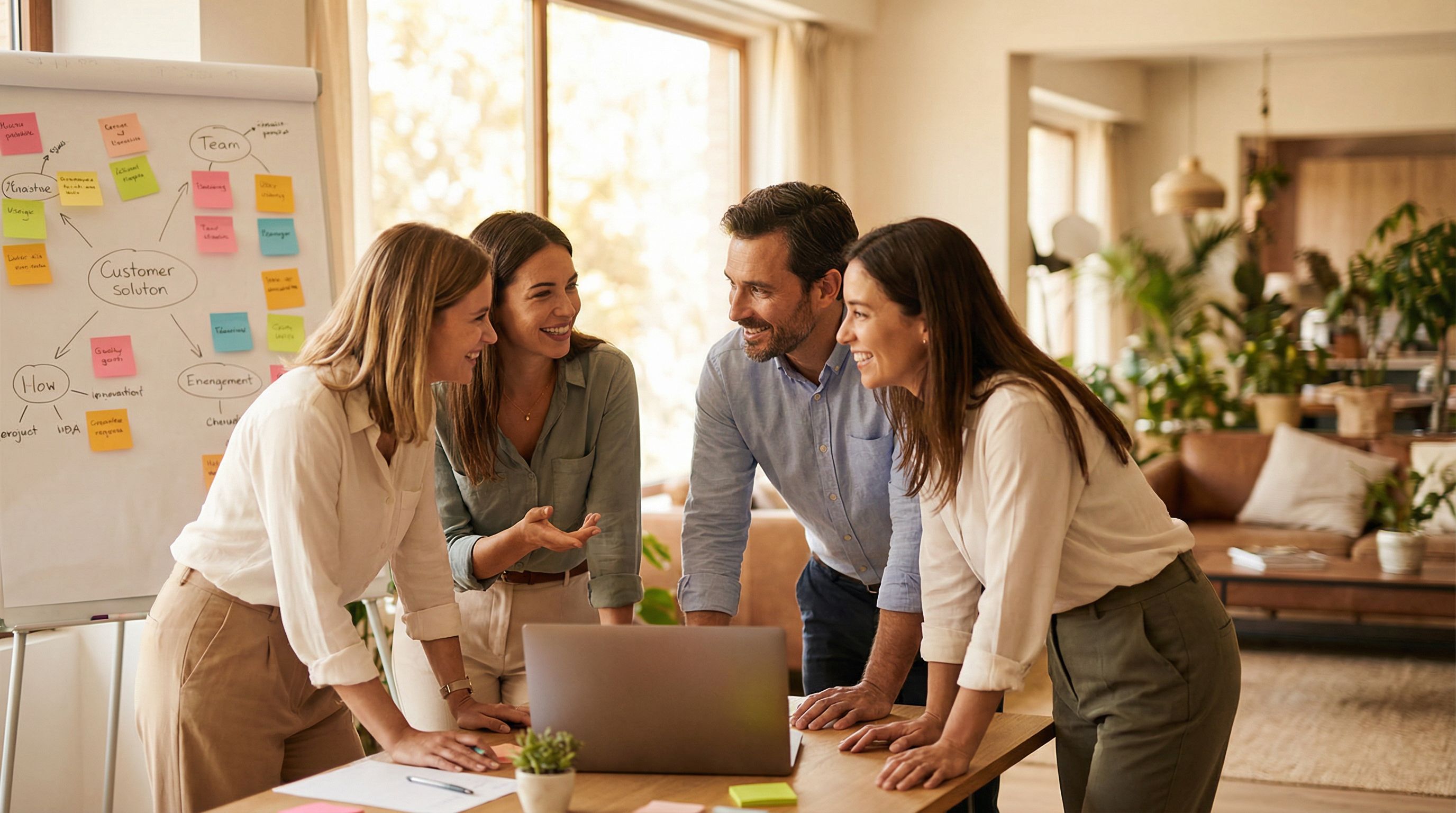 Small team of professionals gathered around a laptop in a bright modern office